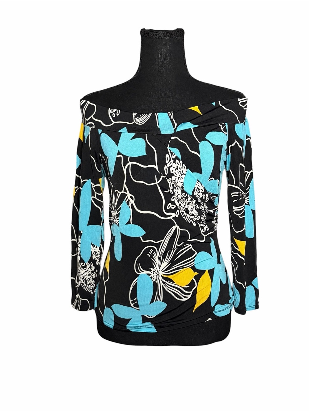 Y2k Off-Shoulder Floral Print Top in Black & Turquoise Keyhole Women’s Large